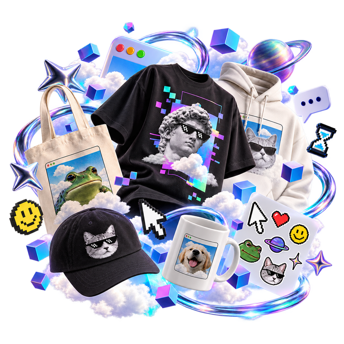 White T-shirt and blue mug with playful internet-inspired designs